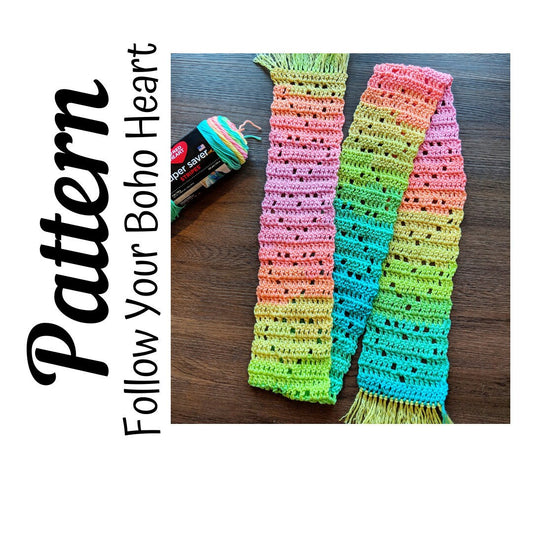 Crochet Pattern, Follow Your Boho Heart Skinny Scarf PATTERN Only, Crochet Heart Scarf, Crochet Rainbow Heart, Ltkcuties, DIGITAL DOWNLOAD