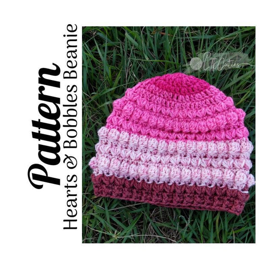 Crochet Pattern, Crochet Hearts and Bobbles Beanie, Crochet Beanie, Crochet Top Down Beanie, One Skein, Ltkcuties, DIGITAL DOWNLOAD,